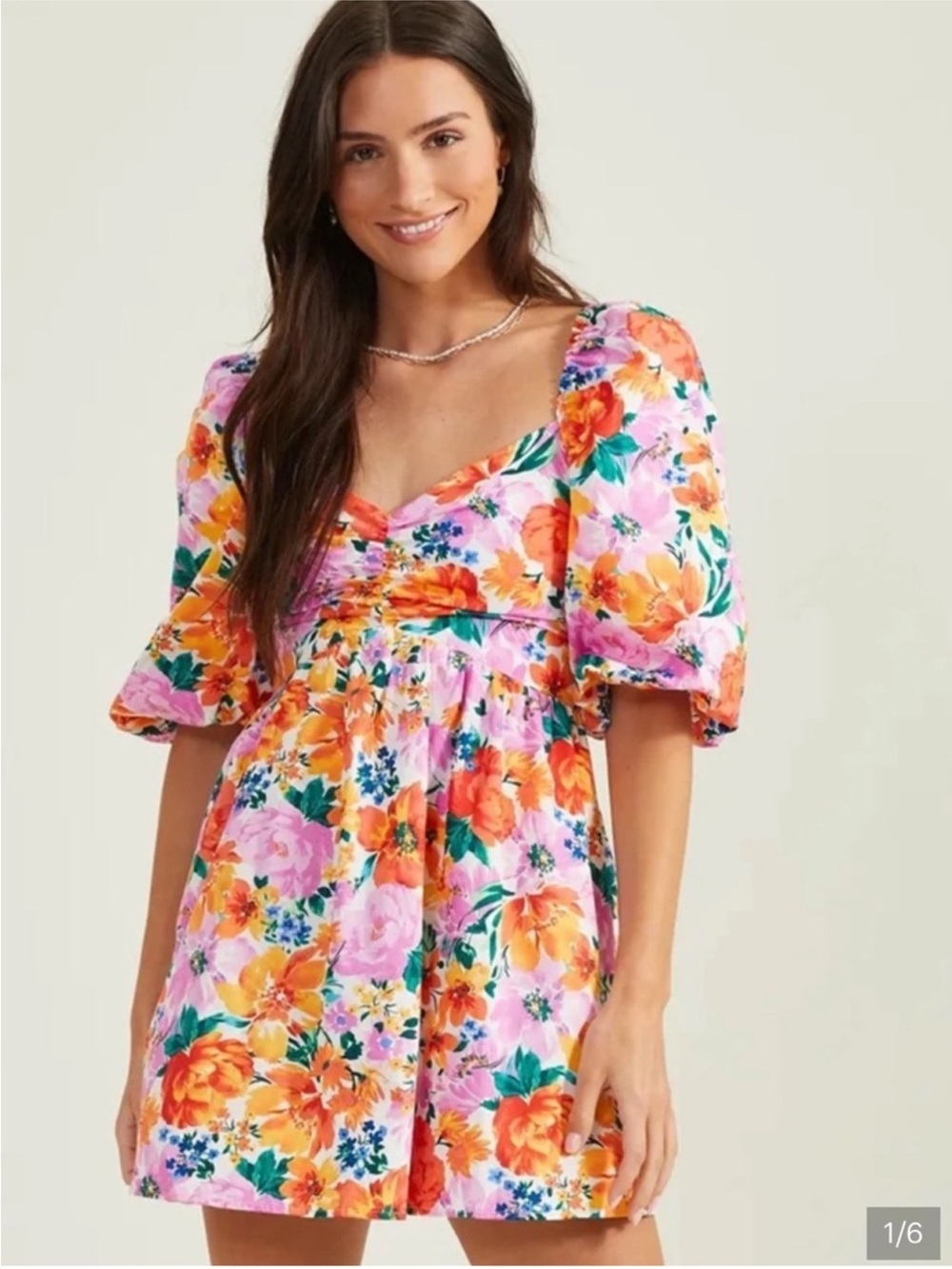 Altar’d State Cyndella Floral Puff-Sleeve Mini Dress in Pink and Orange